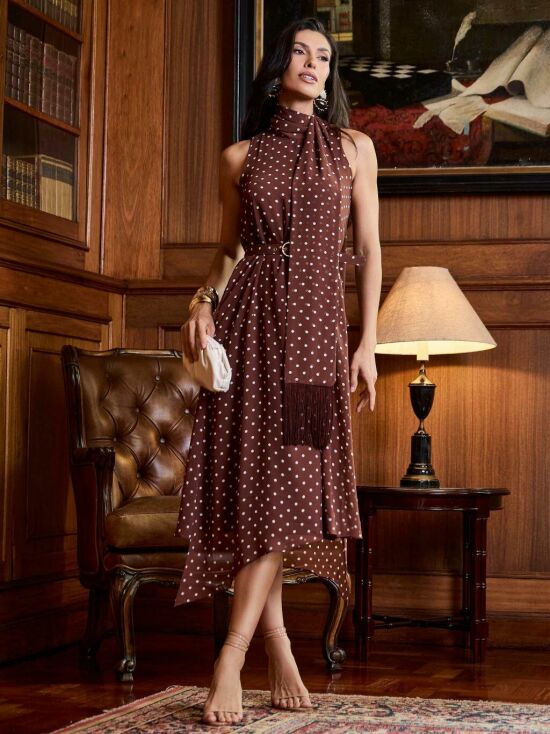 Imagem de Vestido Chiffon Poá Detalhe Franja Luzia Fazzolli